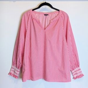 Talbots Pink White Striped Smocked Long Sleeve Shirt Size Medium Petite